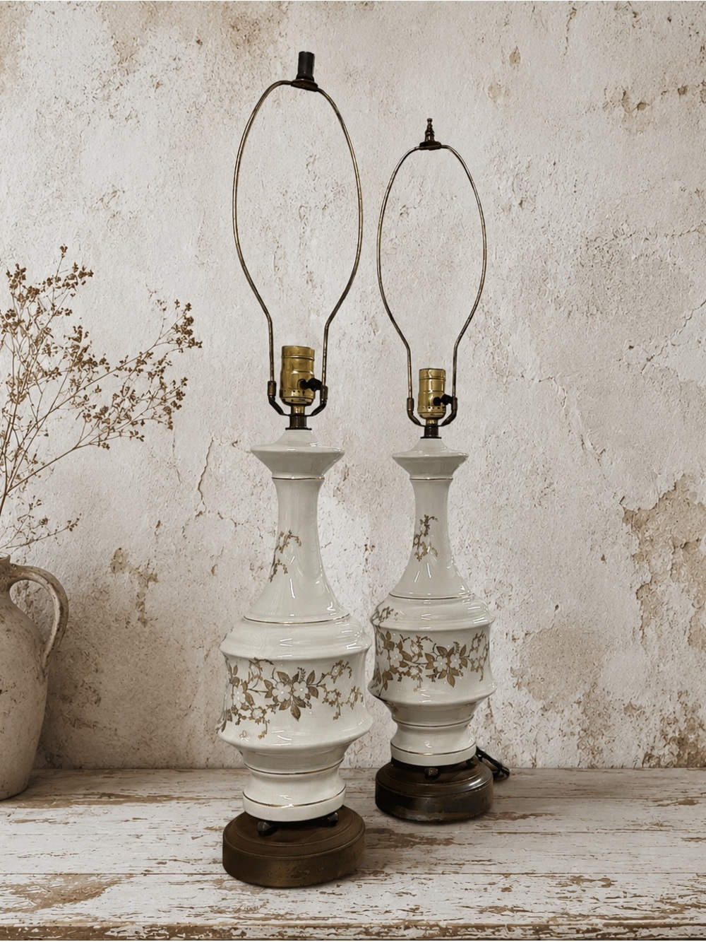 Vintage Pair 31” White Porcelain Floral Table Lamps Gold Gilt Hollywood Regency